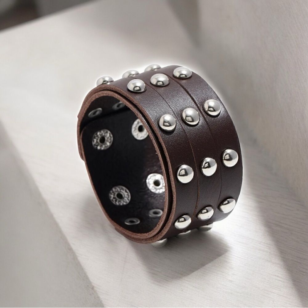 2 Silver Studded Black & Brown Leather Wrap/Band/Bracelet - Unise…
